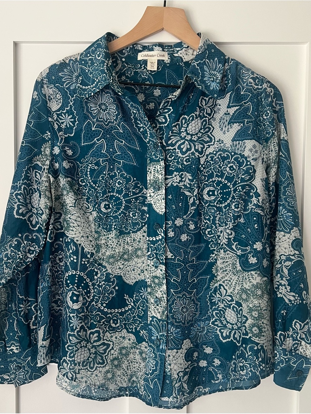 Coldwater Creek Petite Medium Blue Cotton Silk Paisley Button Front Shirt